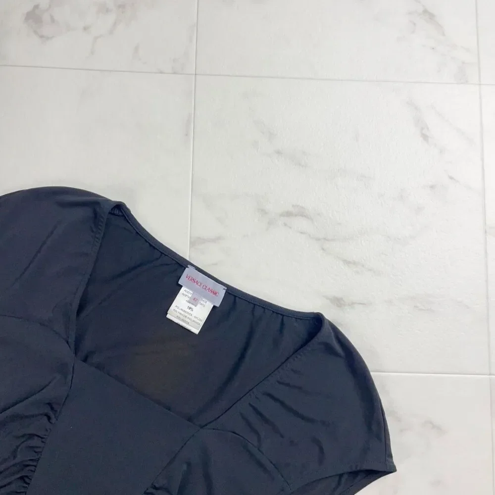 Versace (Authentic) Black Silky Ruched Vintage Y2K Top, Size IT 42/US 4-6, EUC - Picture 3 of 7